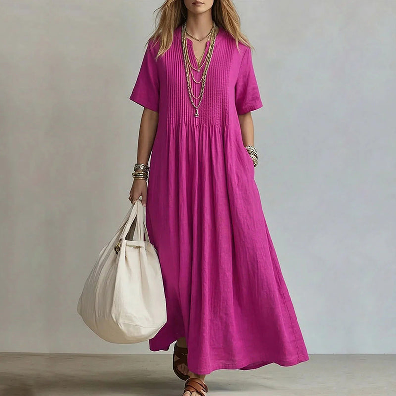 Claire - Women's Pleated Linen Look Maxi Dress