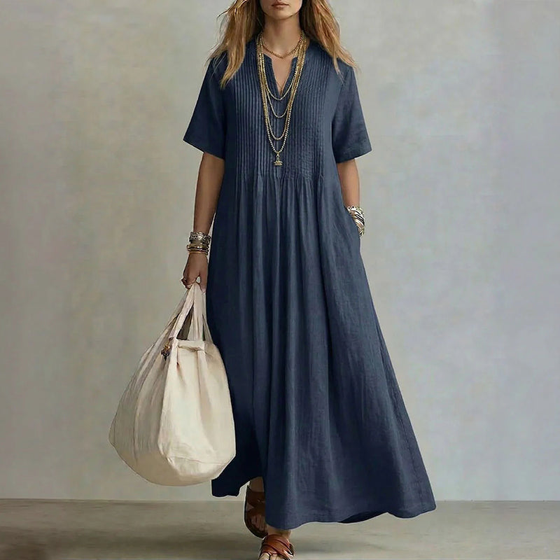 Claire - Women's Pleated Linen Look Maxi Dress