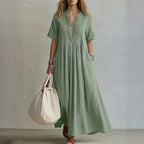Claire - Women's Pleated Linen Look Maxi Dress