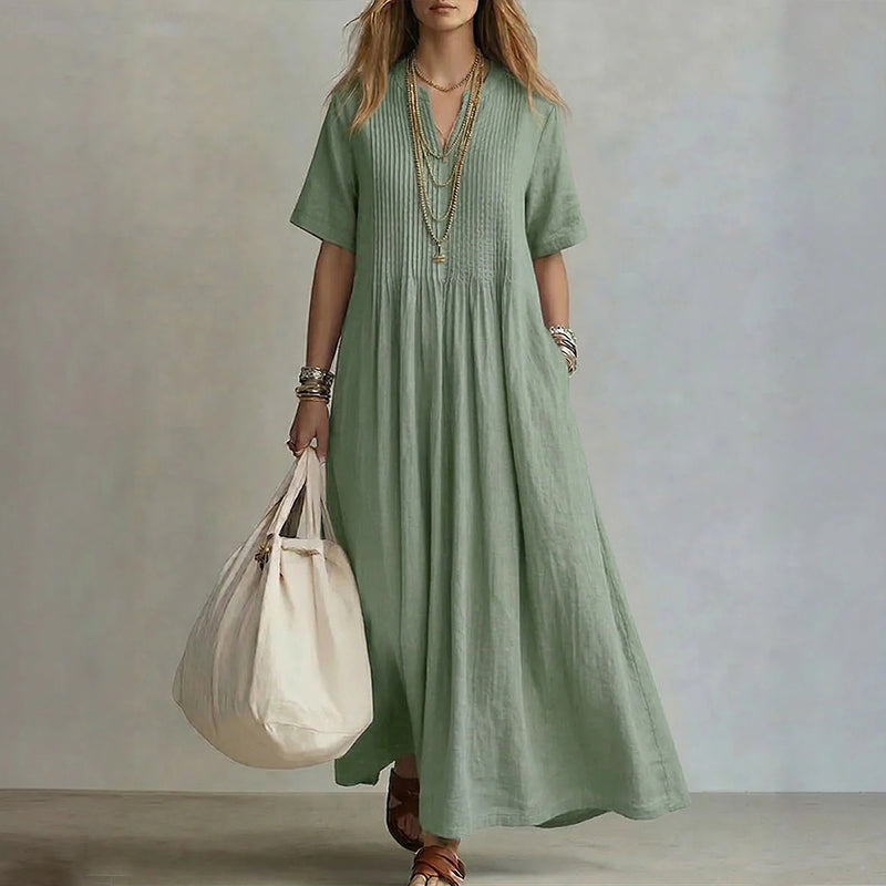 Claire - Women's Pleated Linen Look Maxi Dress