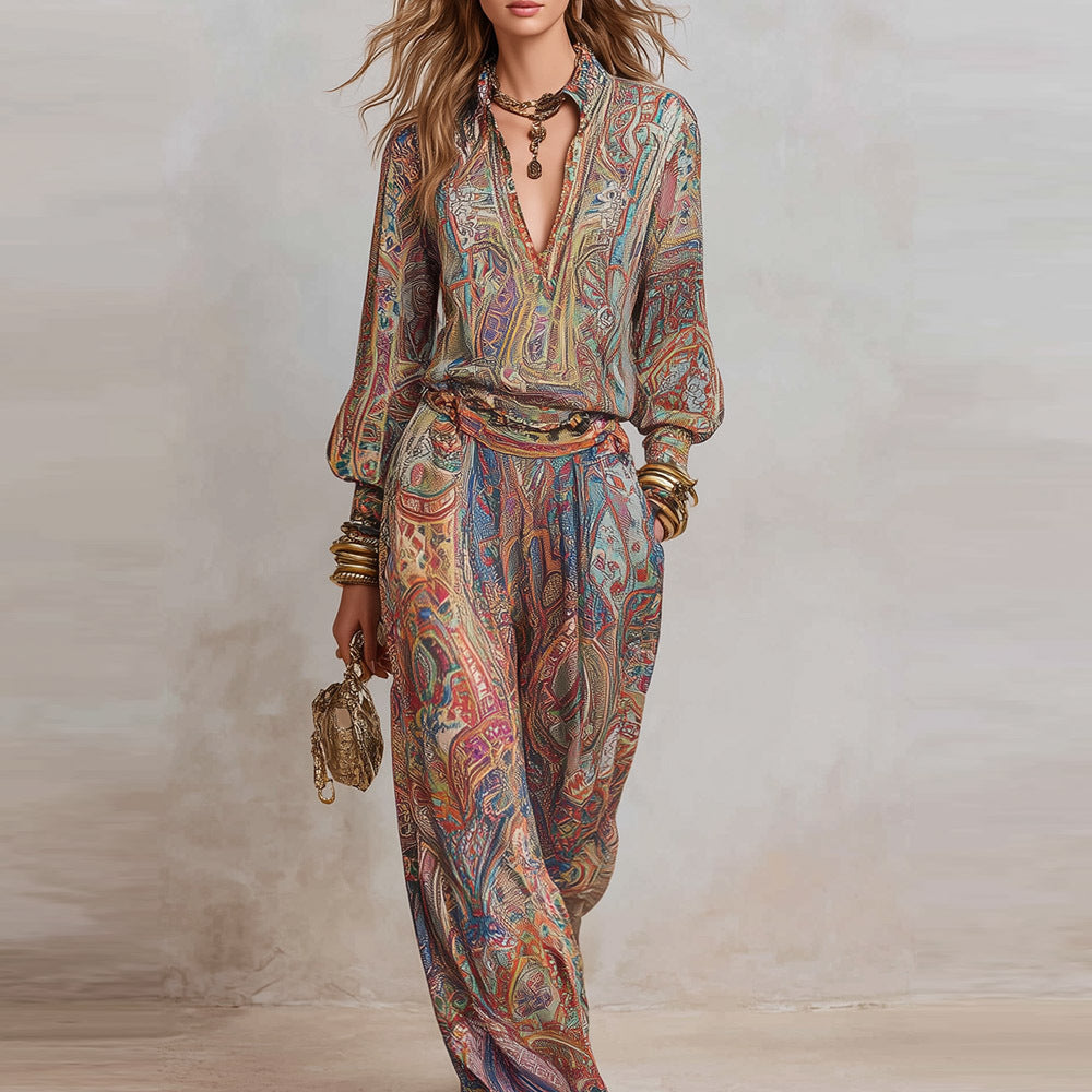 Danielle - Women's Boho Printed Long Sleeve Jumpsuit