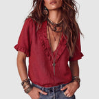 Danna - Women's Linen Ruffle V-Neck Blouse