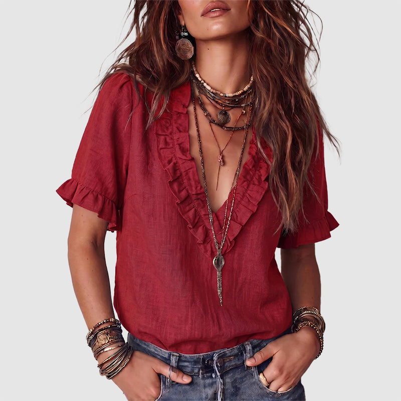Danna - Women's Linen Ruffle V-Neck Blouse