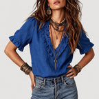 Danna - Women's Linen Ruffle V-Neck Blouse