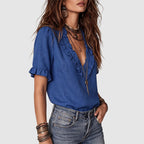 Danna - Women's Linen Ruffle V-Neck Blouse