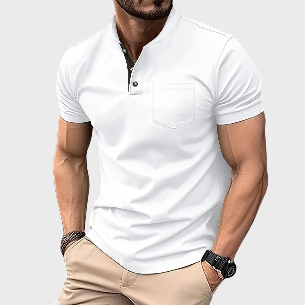 David - Men’s Short Sleeve Henley Polo with Pocket