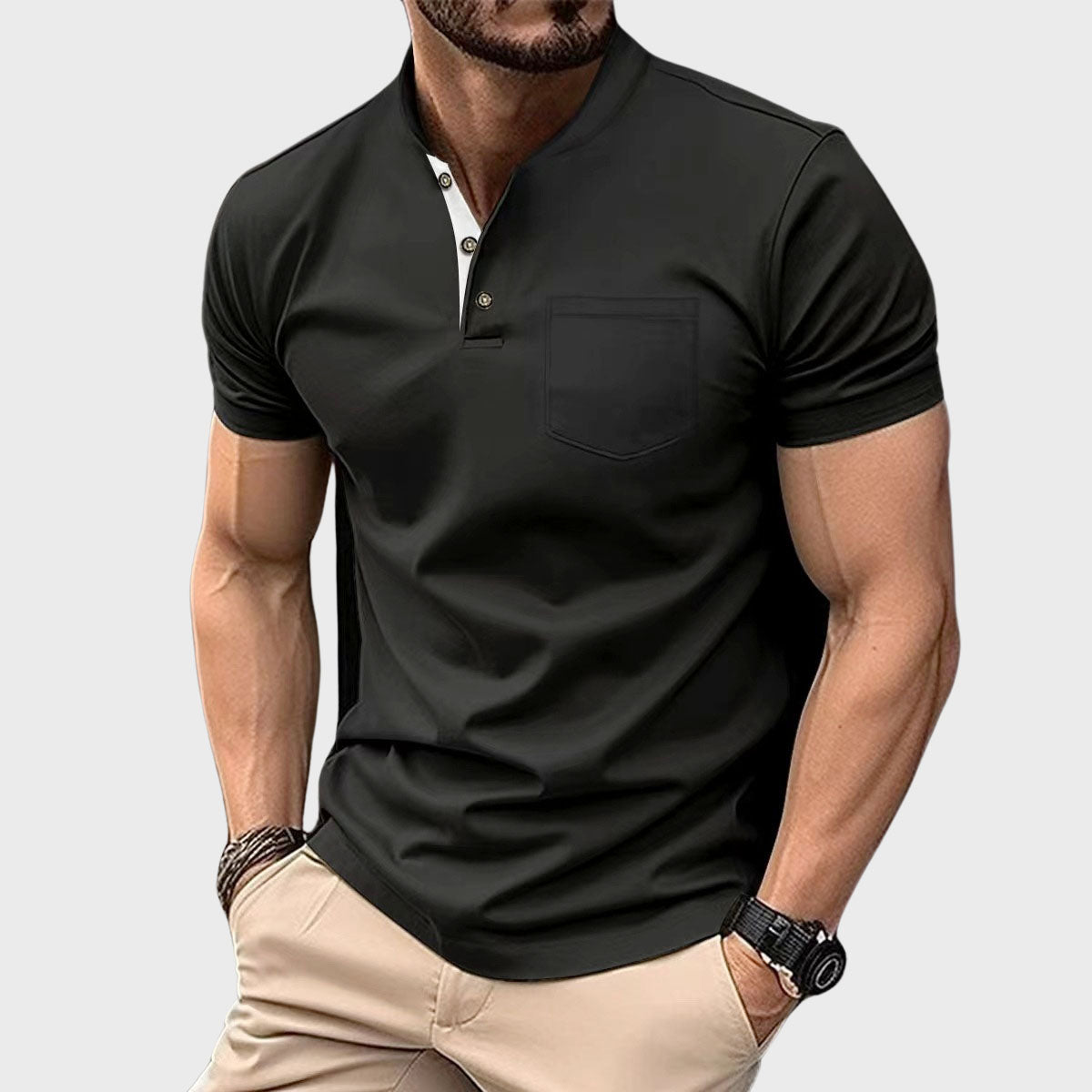 David - Men’s Short Sleeve Henley Polo with Pocket