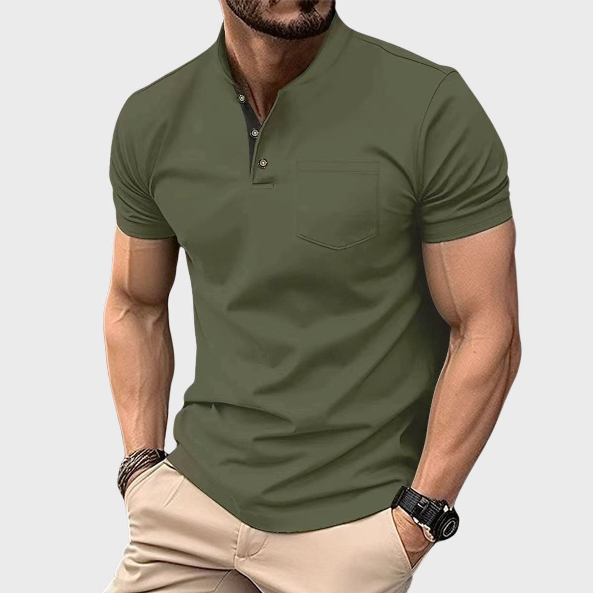 David - Men’s Short Sleeve Henley Polo with Pocket