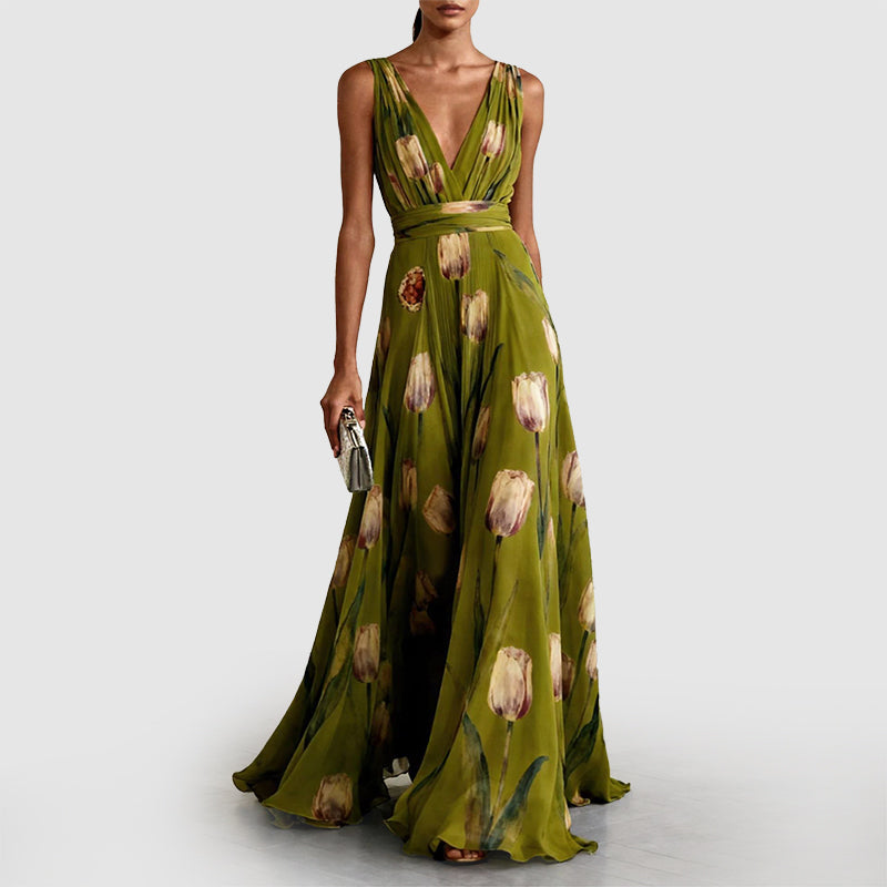 Elsie - Women's Floral Deep V-Neck Maxi Evening Dress
