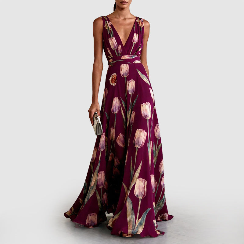 Elsie - Women's Floral Deep V-Neck Maxi Evening Dress