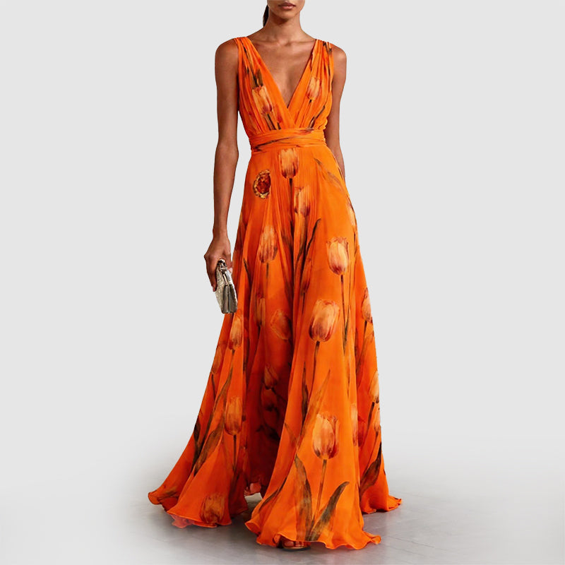 Elsie - Women's Floral Deep V-Neck Maxi Evening Dress