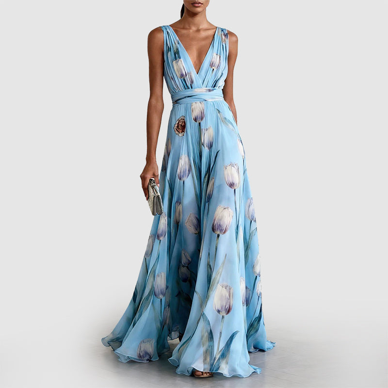 Elsie - Women's Floral Deep V-Neck Maxi Evening Dress