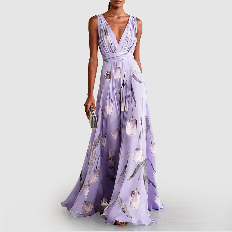 Elsie - Women's Floral Deep V-Neck Maxi Evening Dress