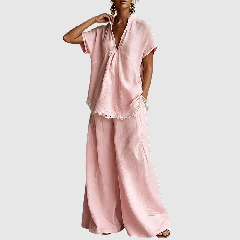 Emma - Women’s Relaxed Lace Trim Linen-Look Set