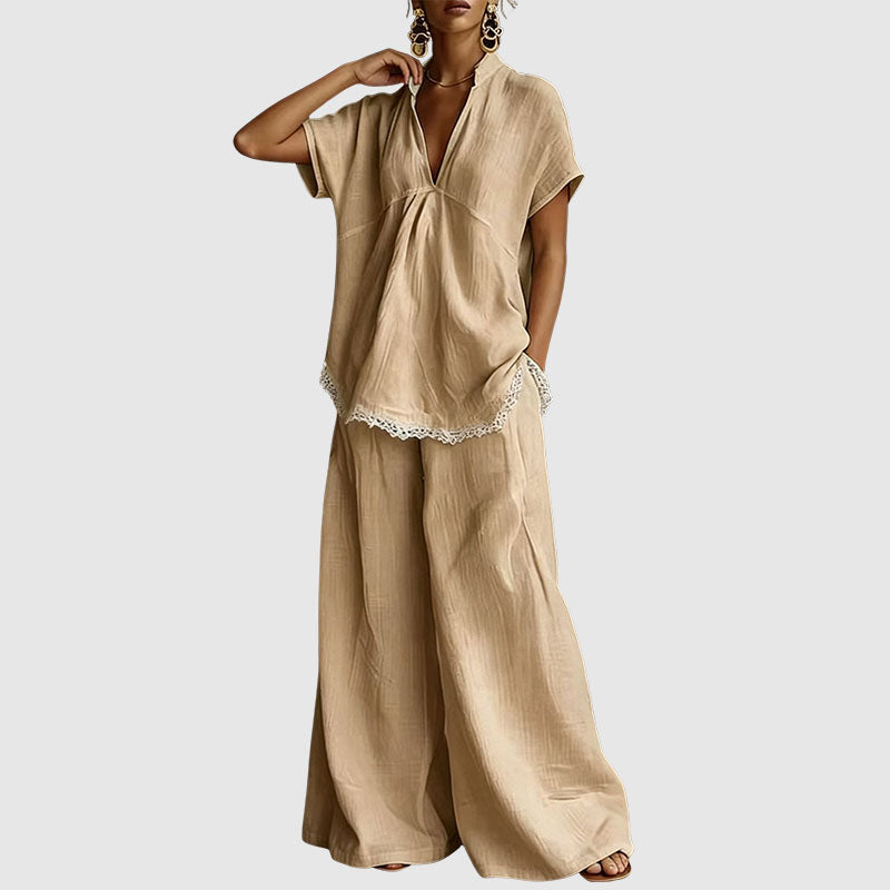 Emma - Women’s Relaxed Lace Trim Linen-Look Set