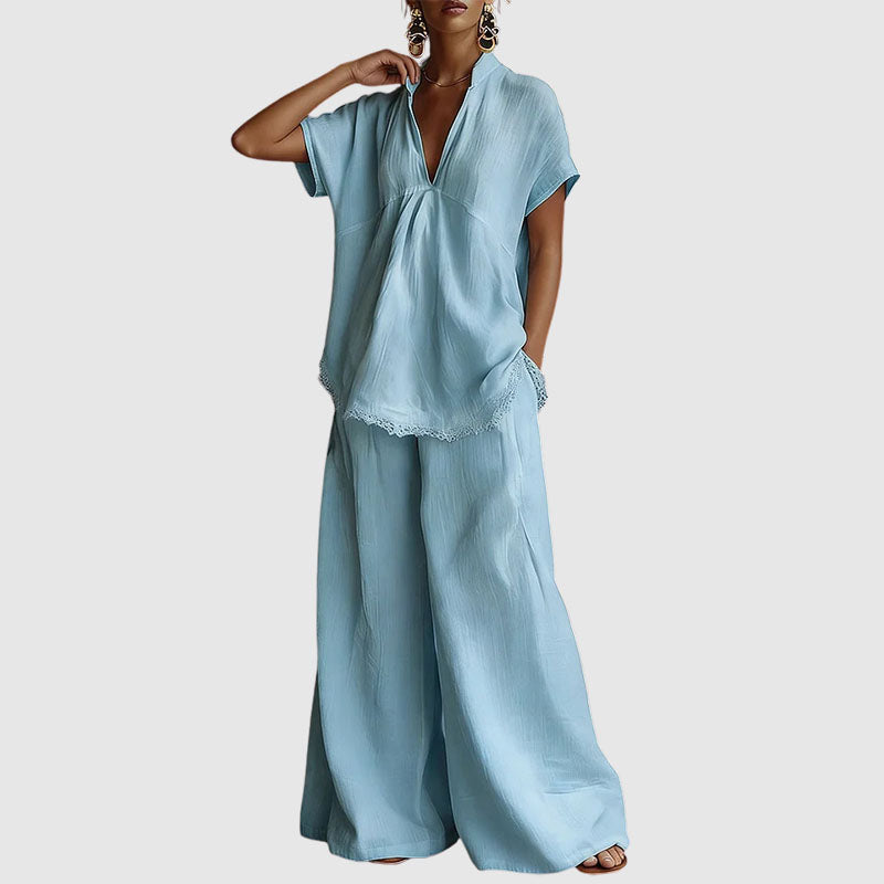 Emma - Women’s Relaxed Lace Trim Linen-Look Set