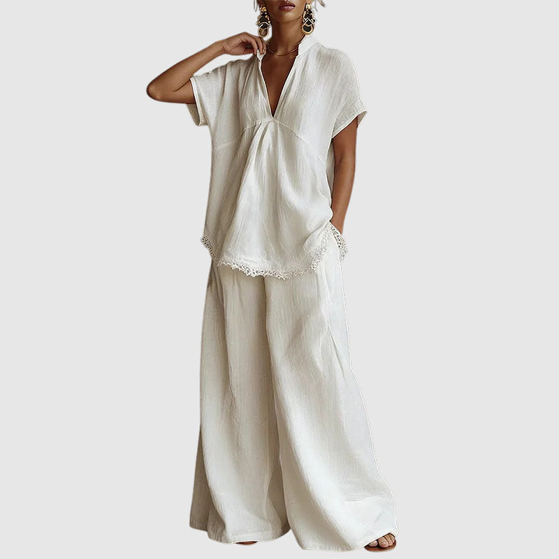 Emma - Women’s Relaxed Lace Trim Linen-Look Set