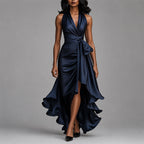 Faye - Women's Halter Wrap Asymmetric Ruffle Midi Dress