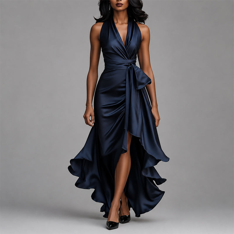 Faye - Women's Halter Wrap Asymmetric Ruffle Midi Dress