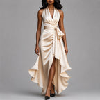 Faye - Women's Halter Wrap Asymmetric Ruffle Midi Dress