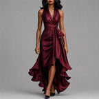 Faye - Women's Halter Wrap Asymmetric Ruffle Midi Dress