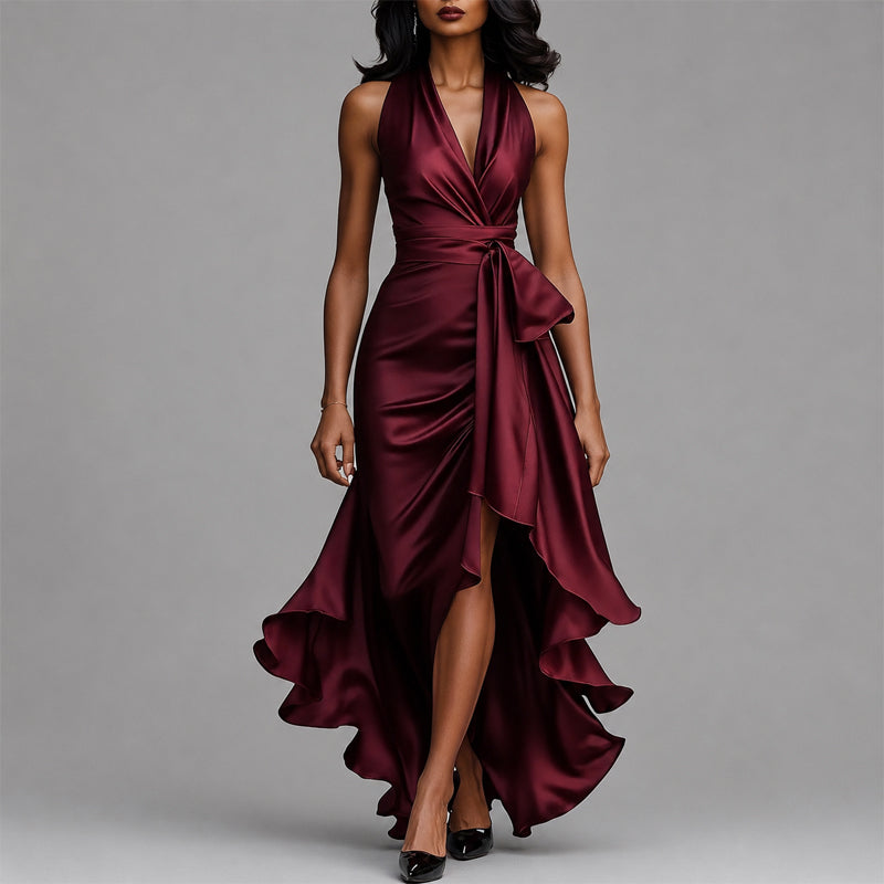 Faye - Women's Halter Wrap Asymmetric Ruffle Midi Dress