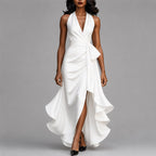 Faye - Women's Halter Wrap Asymmetric Ruffle Midi Dress