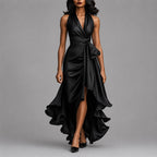 Faye - Women's Halter Wrap Asymmetric Ruffle Midi Dress