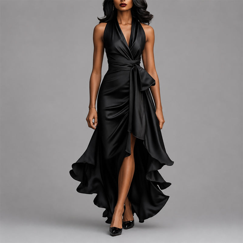 Faye - Women's Halter Wrap Asymmetric Ruffle Midi Dress