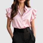 Frances - Women’s Satin Ruffle Sleeve Button-Up Blouse