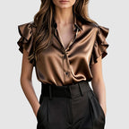 Frances - Women’s Satin Ruffle Sleeve Button-Up Blouse
