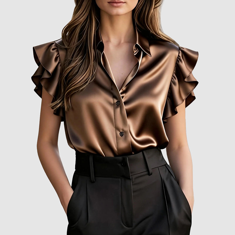 Frances - Women’s Satin Ruffle Sleeve Button-Up Blouse