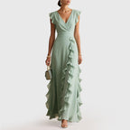 Giselle - Women's Ruffle Trim Wrap Maxi Evening Dress