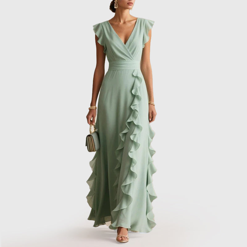 Giselle - Women's Ruffle Trim Wrap Maxi Evening Dress