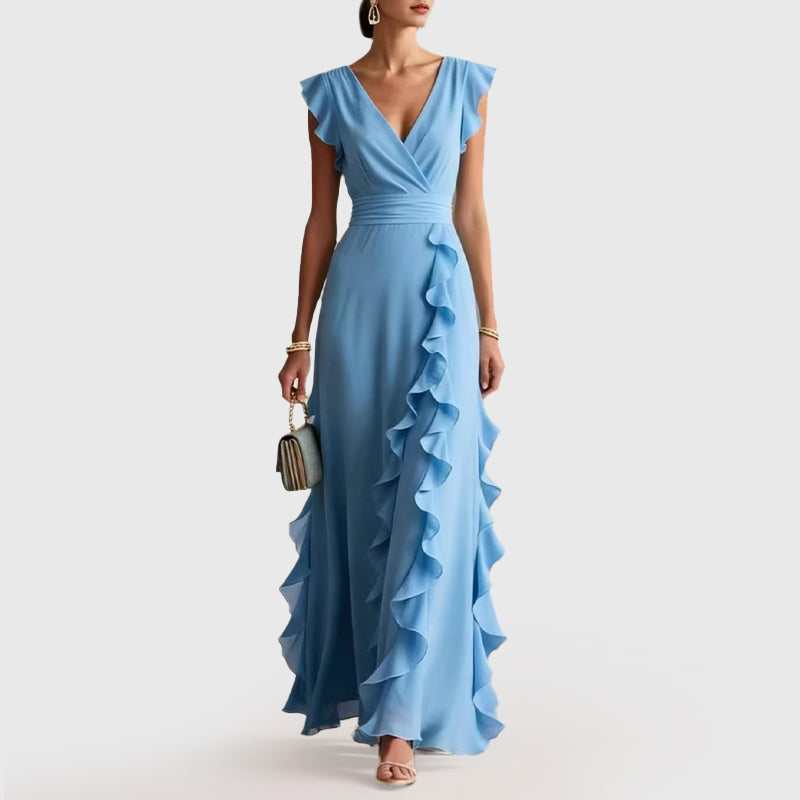 Giselle - Women's Ruffle Trim Wrap Maxi Evening Dress