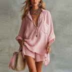 Gloria - Women's Casual Wide-Sleeve Shirt and Shorts Duo