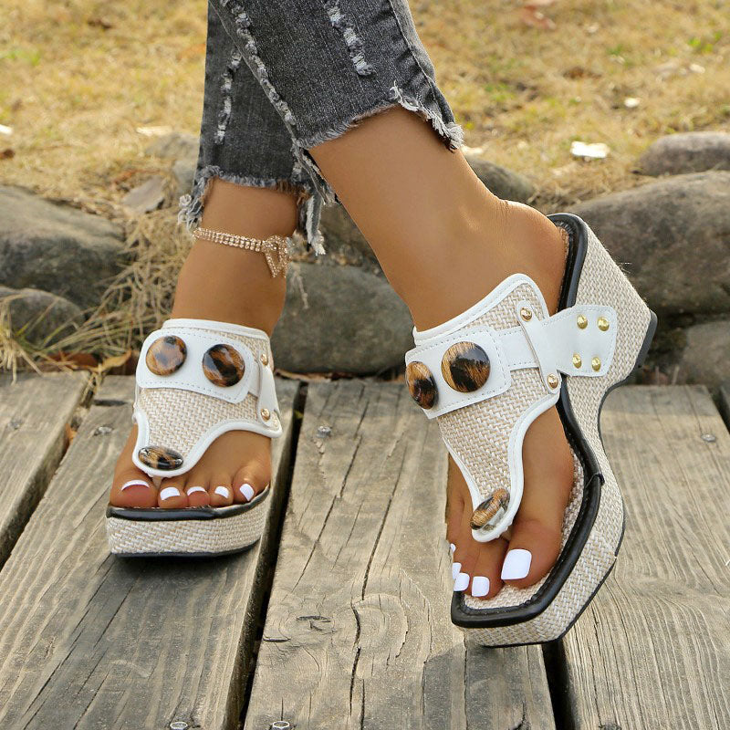 Hailey - Women’s Platform Thong Strap Button Accent Sandals