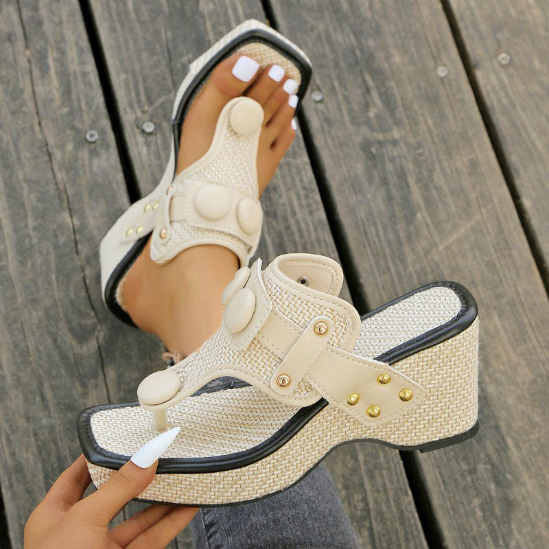 Hailey - Women’s Platform Thong Strap Button Accent Sandals