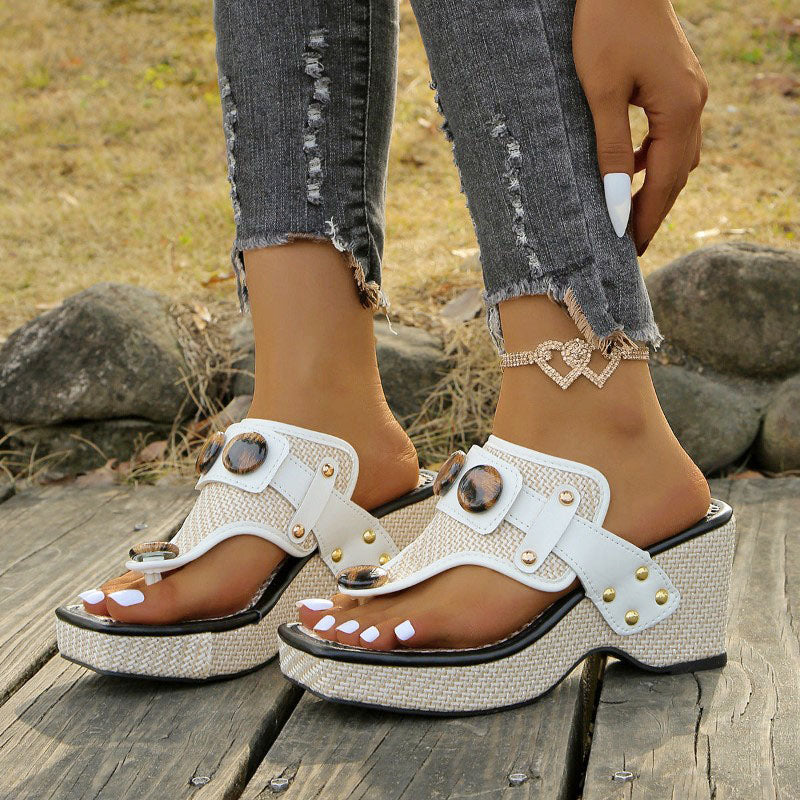 Hailey - Women’s Platform Thong Strap Button Accent Sandals