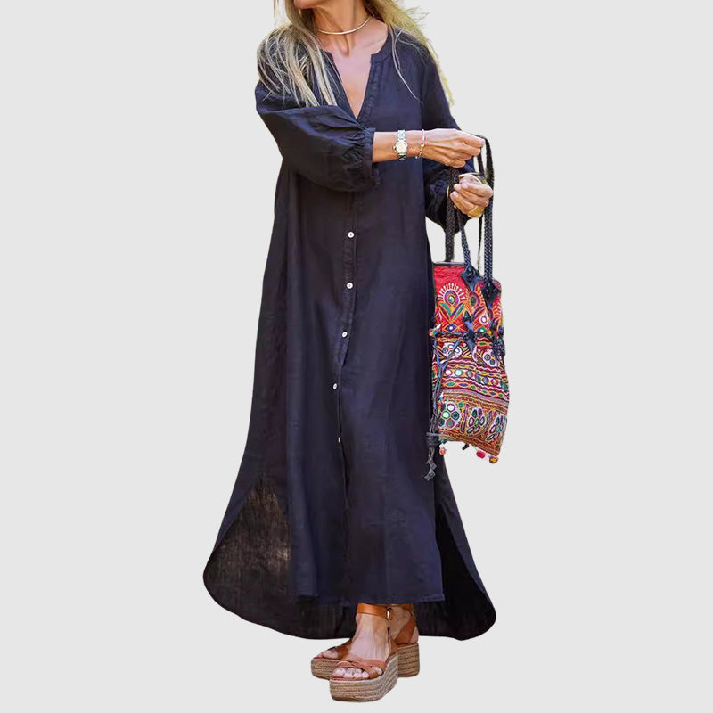 Hannah - Women's Long Sleeve Linen Look Maxi Dress