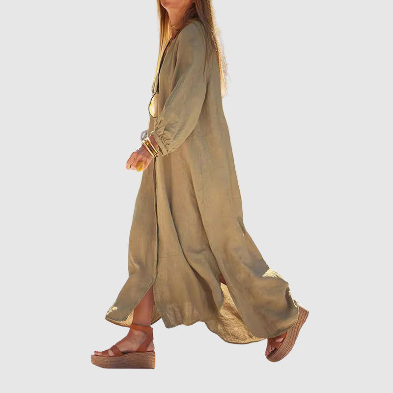 Hannah - Women's Long Sleeve Linen Look Maxi Dress