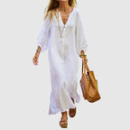 Hannah - Women's Long Sleeve Linen Look Maxi Dress