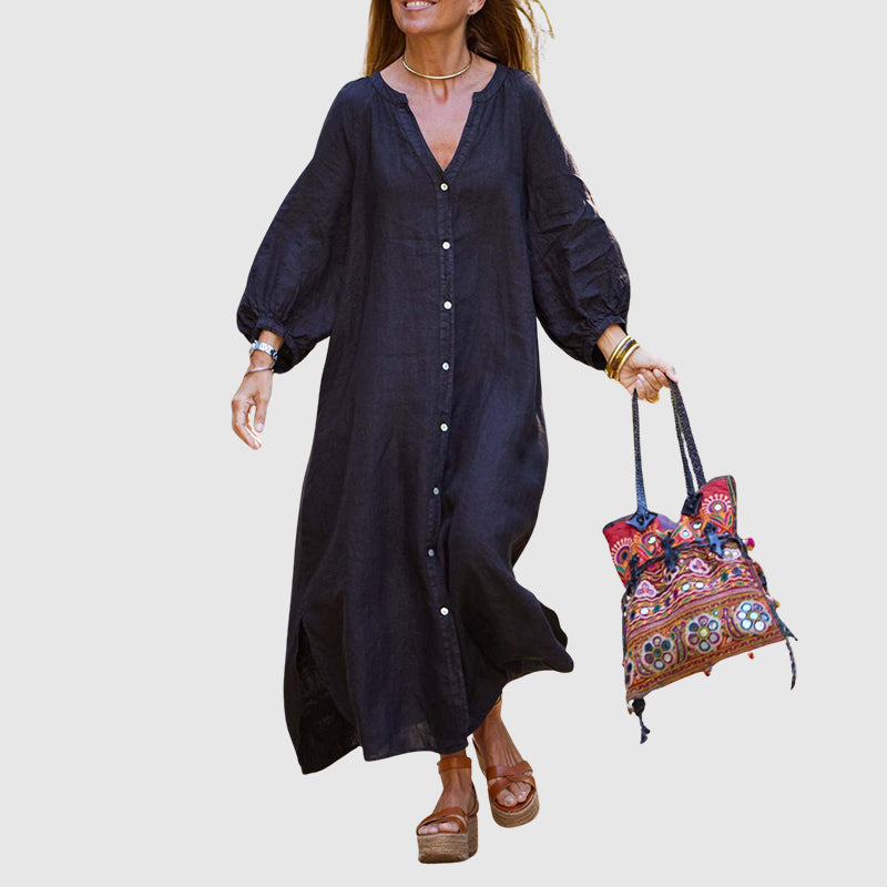 Hannah - Women's Long Sleeve Linen Look Maxi Dress