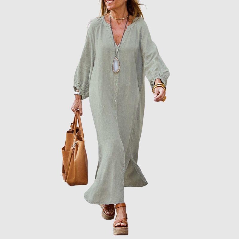 Hannah - Women's Long Sleeve Linen Look Maxi Dress