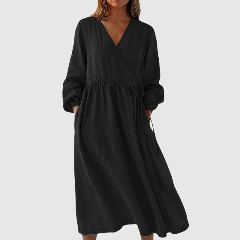 Hannah - Women’s Wrap Tie Linen Midi Dress