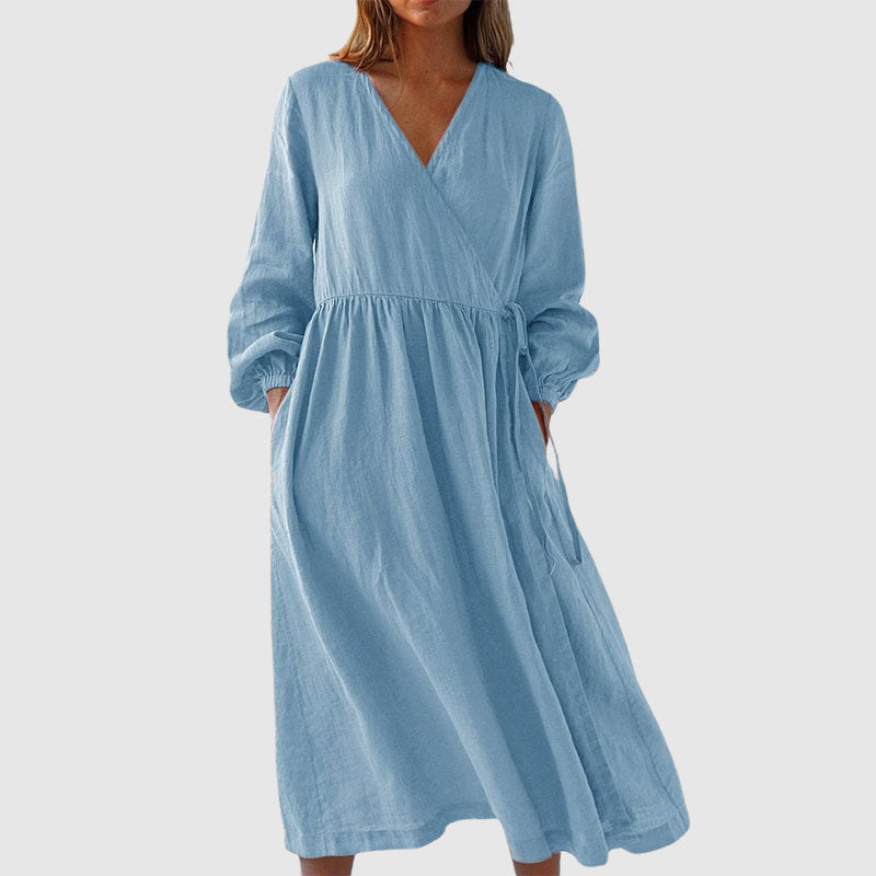 Hannah - Women’s Wrap Tie Linen Midi Dress