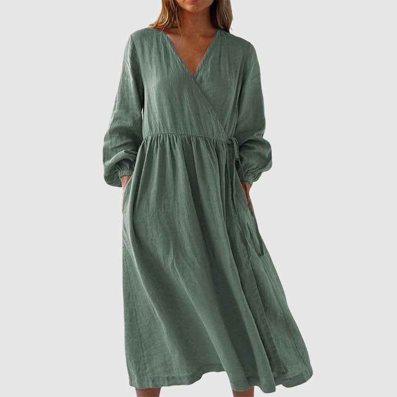 Hannah - Women’s Wrap Tie Linen Midi Dress