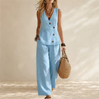 Jasmine - Women's Vest And Wide Leg Pants Linen Set