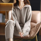 Karen - Women's Collared Knit Pullover and Pants Set