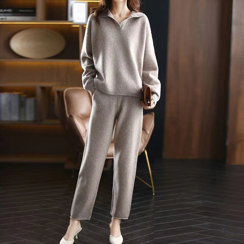 Karen - Women's Collared Knit Pullover and Pants Set